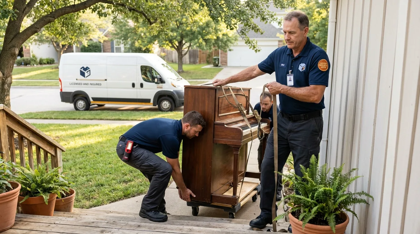 Licensed piano movers securing grand piano in Newton, KS
