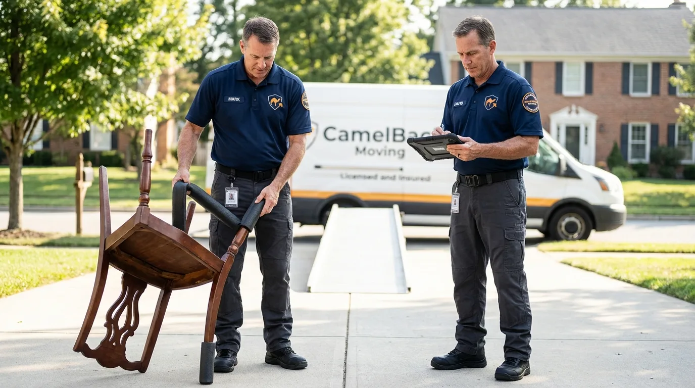 Movers inspecting furniture for damage prevention before loading in Newton, KS